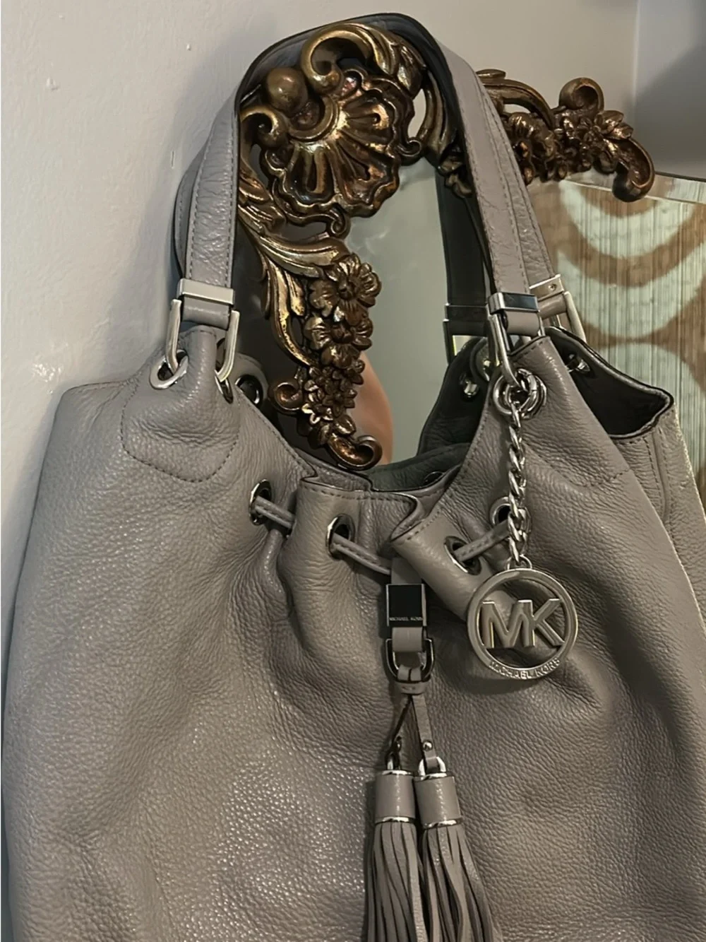 Michael Kors Light Gray Pebbled Leather Tassel Hobo Bag